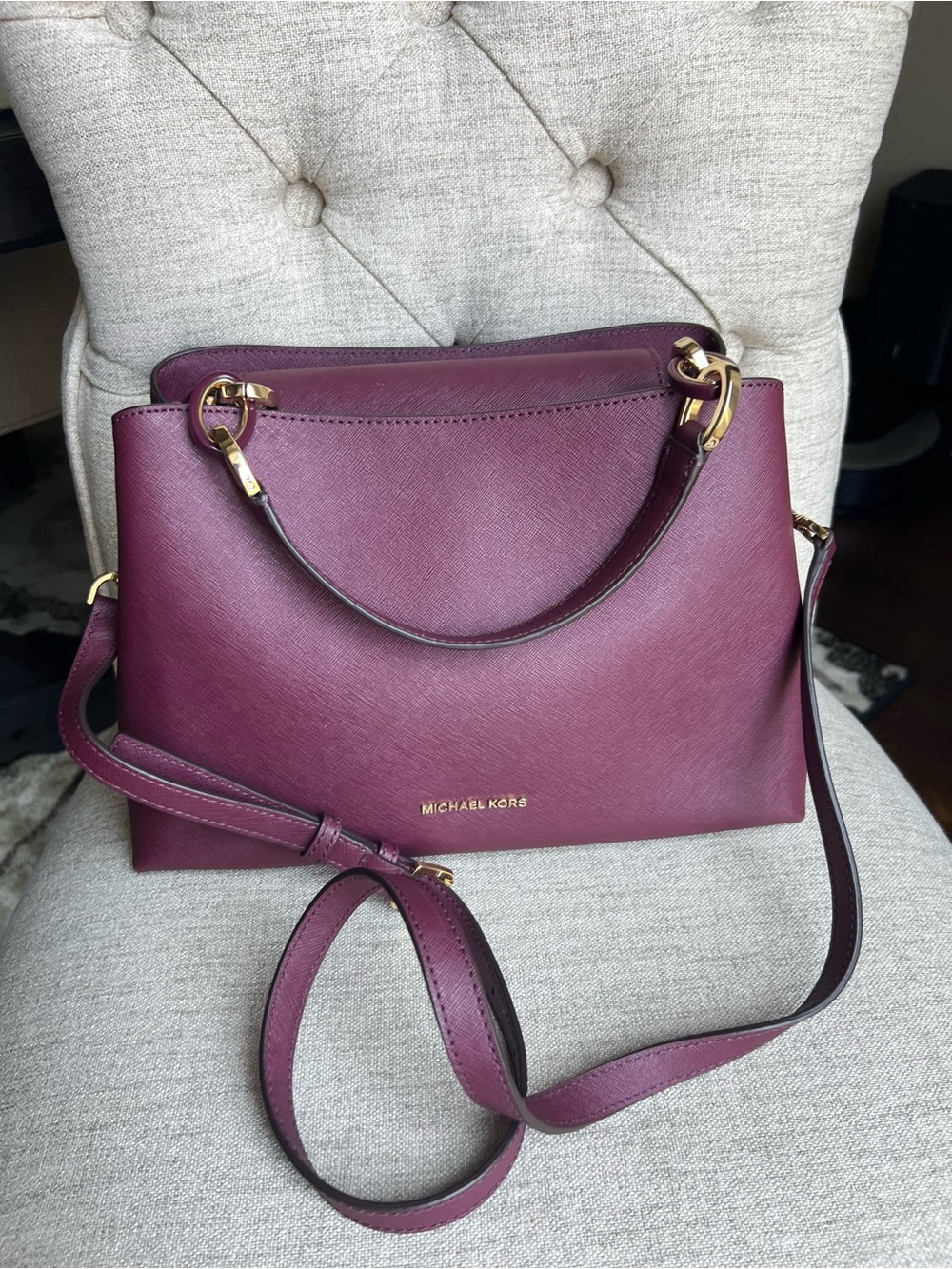 MICHAEL KORS Plum Saffiano Satchel with Gold Hardware